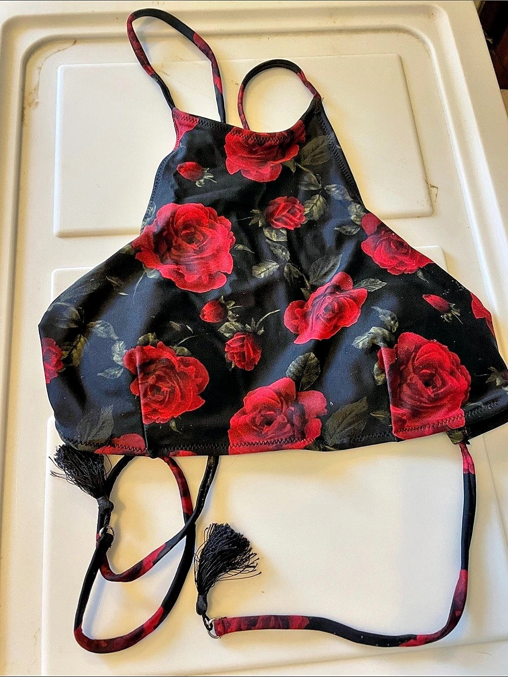 Floral Bikini Top in Black & Red, open back